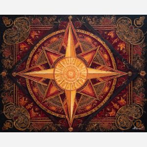 compass mandala, four point symmetry, gold red palette, directional mandala art, geometric compass pattern