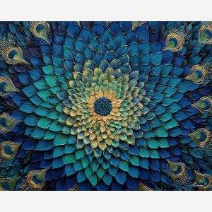 peacock mandala, teal gold indigo art, feather pattern symmetry, luxurious mandala design, ornate geometric feathering, circular peacock motif, elegant symmetrical art, radiant jewel tones