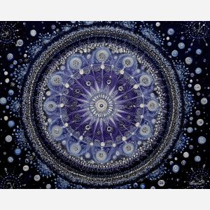 cosmic mandala, star pattern art, interlocking rings design, purple silver palette, midnight blue mandala, celestial symmetry, astral wheel design, geometric starburst, galaxy inspired pattern, mystical mandala art