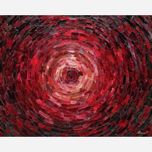 red mandala, crimson wave pattern, rippling symmetry design, warm red palette art, geometric wave circle, energetic mandala style