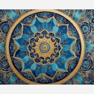 blue gold mandala, temple geometry pattern, structured layers art, sacred design symmetry, bold geometric mandala