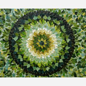 leaf mandala, green symmetry art, forest inspired pattern, nature circle design, earthy mandala painting, botanical geometry, layered green leaves, natural balance artwork, calming forest palette