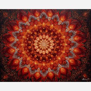 heart mandala, flame shapes art, fiery red orange palette, warm symmetrical design, energetic heart motif, bold mandala pattern, circular fire bloom