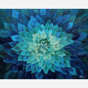ocean mandala, teal blue petals, water inspired symmetry, calming mandala art, aquatic colors painting, geometric sea bloom, cool tone mandala, wave like pattern, symmetrical flower design, peaceful teal mandala