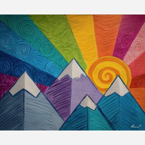 doodle mountains, triangular peaks, snowcap sketch, playful landscape art, childlike scenery doodle, simple mountain drawing, bright sun doodle