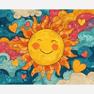 doodle art, sun doodle, bright rays, playful sketch, cute sunshine design, whimsical illustration, colorful doodle painting, simple line art, cheerful sun image, bright yellow orange palette