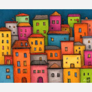 doodle cityscape, cartoon buildings, hand-drawn rooftops, simple city sketch, playful building shapes, bright city colors, doodle architecture