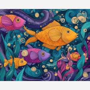 doodle sea life, simple fish sketch, underwater doodle, bubbles illustration, playful ocean art, bright marine doodle, whimsical sea scene