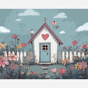 doodle cottage, small house sketch, floral doodle yard, heart shapes art, cozy home illustration, cute property doodle