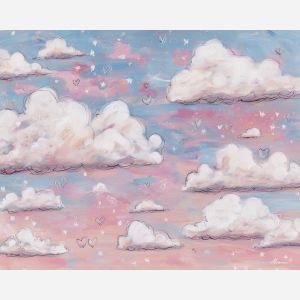 doodle clouds, cute sky art, pastel cloud shapes, whimsical sky doodle, childlike clouds, soft line drawing, playful sky illustration, floating hearts, minimal doodle style