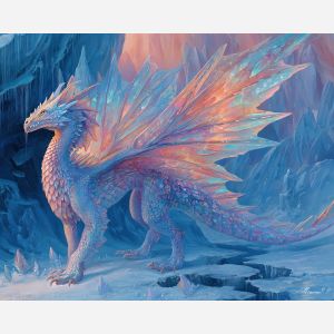 crystal dragon, rainbow reflections, icy landscape, shimmering wings, fantasy crystal creature, light refracting dragon, cold palette