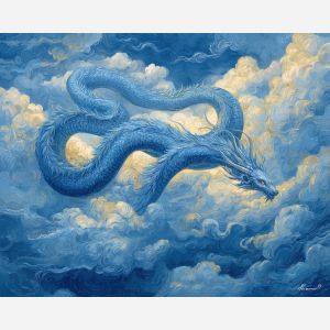 sky dragon, river-like body, blue glowing scales, aerial serpentine shape, flowing dragon motion, light trail creature