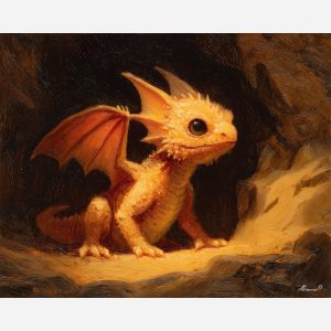 baby dragon, hatchling creature, glowing wings, warm cavern light, orange fire tones, cute fantasy dragon