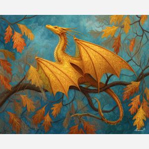 leaf dragon, gold wing design, autumn branches, warm palette, elegant slender dragon, nature fantasy art