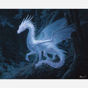 spirit dragon, glowing creature, white blue light, dark forest scene, ethereal dragon, ghostlike wings, luminous fantasy art