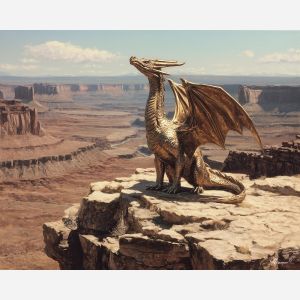 bronze dragon, metallic scales, desert canyon, warm reflections, rugged terrain creature, fantasy desert art