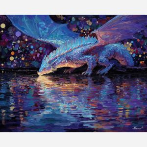 opal dragon, shimmering scales, moonlit lake, multicolor sparkles, night fantasy scene, glowing water reflections