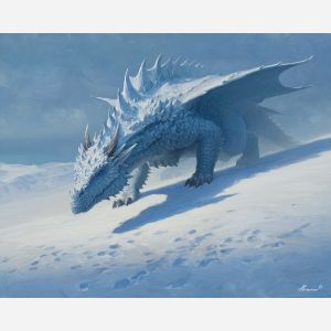 ice dragon, frost coated wings, frozen horns, snow dunes, cold creature design, icy blue palette, winter fantasy