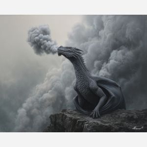 ash dragon, volcanic cliff, smoke breath, grey scales, hot landscape, rugged fantasy creature