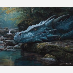 stone scales, creek scene, earthy dragon, natural tones, smooth textured creature, peaceful river bank art