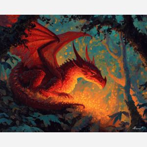 small fire dragon, ember glow, forest canopy scene, warm light creature, gentle fire tones, woodland dragon