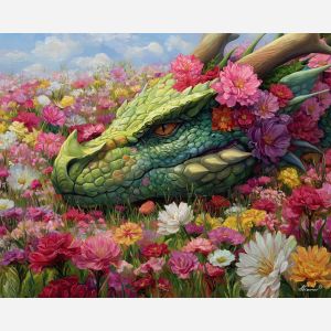 floral dragon, blossom field, gentle creature, flowery horns, spring palette, nature dragon fantasy, soft tones