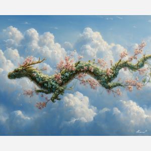 vine dragon, leaf trail, floating creature, sky nature hybrid, blossoms in air, gentle green palette, fantasy sky art