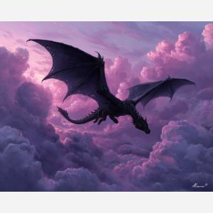 black dragon, obsidian wings, twilight sky, purple clouds, dark fantasy creature, sharp wing silhouette
