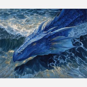 water dragon, blue scales, ocean waves, sea creature, aquatic dragon, reflective water light, marine fantasy art
