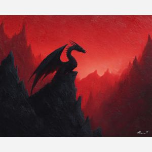 black dragon, mountain peak silhouette, red horizon, dark fantasy art, powerful dragon figure, dramatic cliff scene, shadow creature