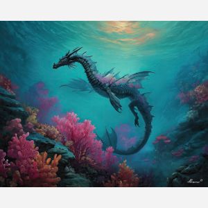reef dragon, coral scales, turquoise water, glowing underwater scene, ocean creature, marine fantasy art