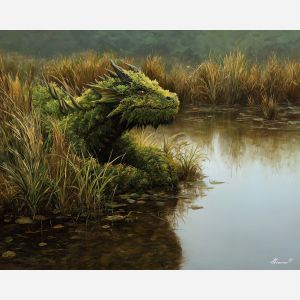 marsh dragon, moss covered scales, marsh reeds, green natural tones, swamp fantasy creature, earthy dragon art