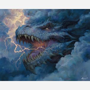lightning dragon, storm clouds, thunder roar, electric energy, dramatic sky, storm fantasy art, powerful dragon scene