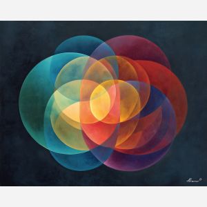 modern circles, overlapping shapes, color orbit, dynamic circular pattern, semi transparent hues, layered geometry, contemporary abstract design, color interaction, bright circular art