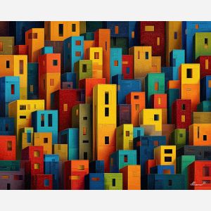 modern city art, color tiles, rectangle buildings, abstract urban shapes, bright city palette, tiled skyline, geometric architecture, simplified city blocks, vibrant urban art