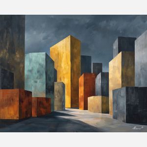 monolithic shapes, tall abstract forms, bold palette, modern geometry, vertical blocks, structured minimalism, contemporary abstract painting, graphic shapes, architectural abstraction, strong forms