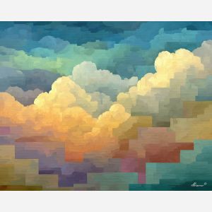 modern clouds, rounded shapes, simplified sky, pastel tones, abstract sky blocks, minimal cloud design, soft aerial palette, contemporary modern painting, stylized sky