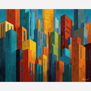 modern cityscape, geometric skyline, bold blocks, vertical lines art, contemporary shapes, colorful city painting, clean line style, abstract architecture, modern urban design, saturated colors, city geometry, simplified forms, graphic skyline, vibrant city shapes, modern art city, bright urban palette, structured lines, blocky skyline, artistic geometry