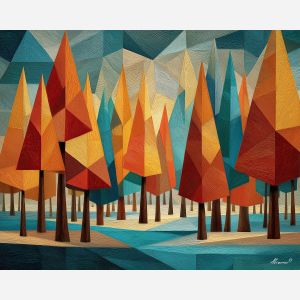 modern forest, geometric trees, triangles rectangles, abstract nature design, structured tree forms, contemporary pattern, rhythmic shapes, clean lines, bold color forest, stylized woods, graphic tree art, modern landscape, shape based nature, simplified forest