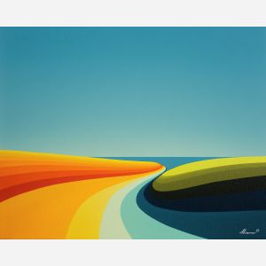 color arcs, modern horizon, simplified curves, bold arc shapes, abstract landscape, vibrant color field, contemporary minimal art