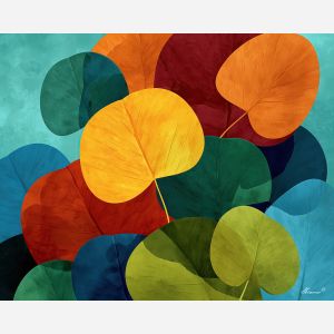 modern leaves, flat colors, overlapping shapes, minimal botanical art, rounded leaf silhouettes, contemporary nature design, bold plant forms