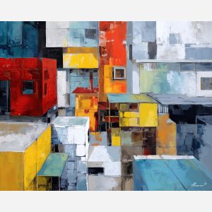 modern street art, urban blocks, compressed shapes, high contrast palette, abstract city design, bold urban geometry, simplified structures, graphic city layout