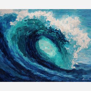 pixel wave, retro ocean, cyan navy palette, 8-bit water, arcade aesthetic, pixel curl, geometric ocean, blocky surf, pixel foam, stylized wave, simplified water, retro gradient, blue tones, digital sea art, minimal ocean scene, pixel art water, vibrant pixel colors, stylized crest, nostalgic pixel theme, wave decor