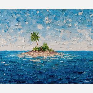 pixel island, minimal palm tree, tiny island dot, blue ocean block, simple 8-bit design, pastel pixel water, minimal vacation art