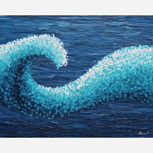 pixel wave, minimal ocean wave, curved cyan line, navy pixel sea, 8-bit water design, simple ocean art, geometric pixel wave