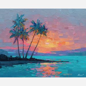 pixel beach, retro palm trees, 8-bit island, teal water, pixel sunset, tropical blocks, candy colors, game art ocean, pixel sand, pastel horizon, blocky palms, low-res style, tropical silhouette, colorful pixel theme, summer retro look, pixel gradients, beach decor, island view, geometric landscape, pixel shoreline