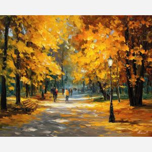 impressionism autumn, golden leaves painting, park path art, warm landscape scene, palette knife strokes, glowing trees, fall colors art, sunlight impressionism, outdoor park painting, soft brush textures, autumn glow scene, colorful foliage art, outdoor walkers painting, nature light effects