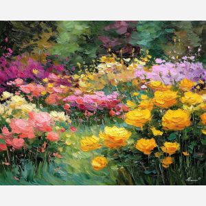silk color strokes, floral garden art, impressionist bloom painting, colorful summer garden, palette knife flowers, warm floral impressionism
