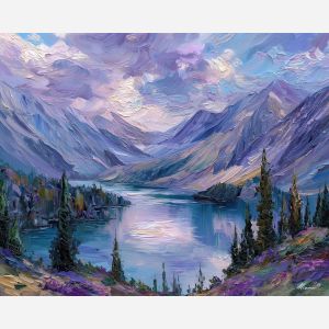 silver lake painting, soft wind ripples art, pastel water reflections, impressionist lake scene, palette knife water texture