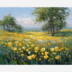 sunlit meadow painting, citrine light landscape, wild bloom art, bright impressionism, warm nature scene, palette knife strokes, glowing field art